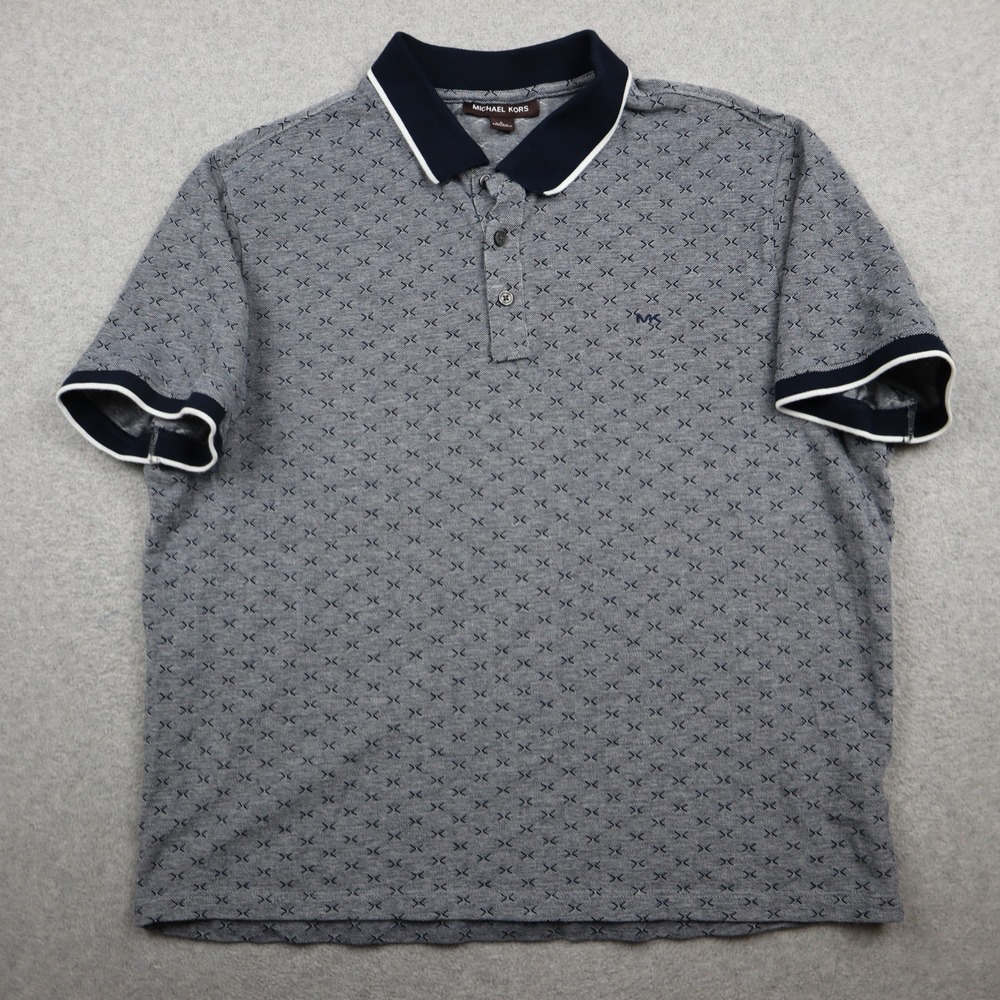Michael Kors Polo Shirt Mens L Gray Navy Geometric X Pattern Tipped Trim Cotton